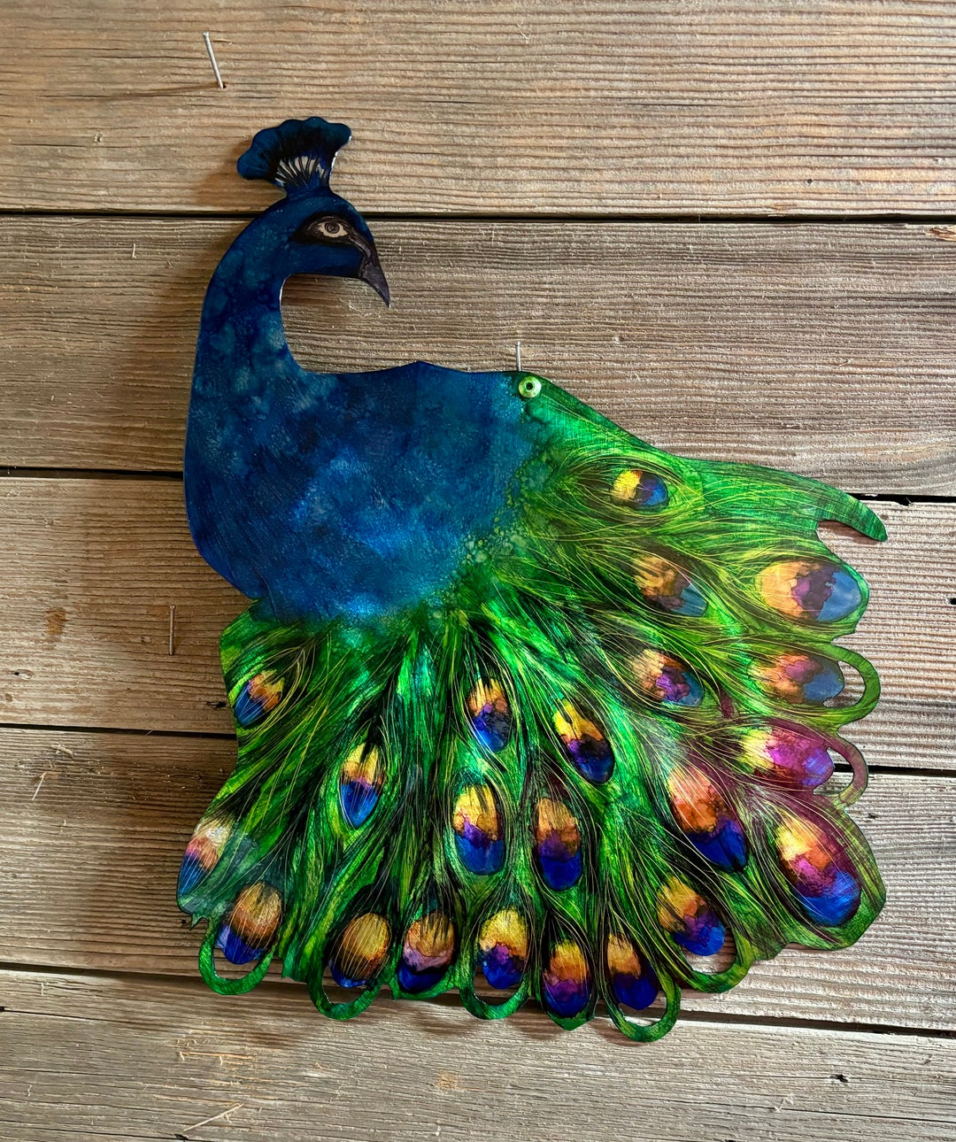 Hand Painted Metal Peacock Art: Recycled Metal Wall Decor - Etsy