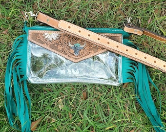 Stadium bag Western leather purse crossbody concert bag handbag cowgirl purses teal leather fringe purse stadium bags highlander cow