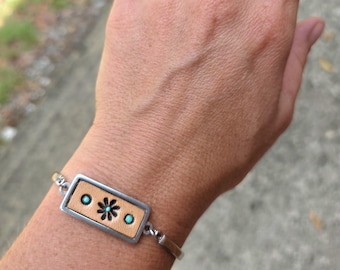 Bracelet leather bracelets silver chain bracelet teal jewelry turquoise daisy accessories flowers western jewelry rodeo fashion boho chic