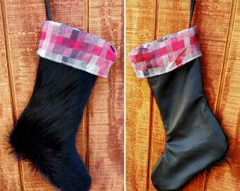 Cowboy stocking cowhide stockings flannel stockings red checkerboard print red gingham western stocking leather stockings black hair on hide