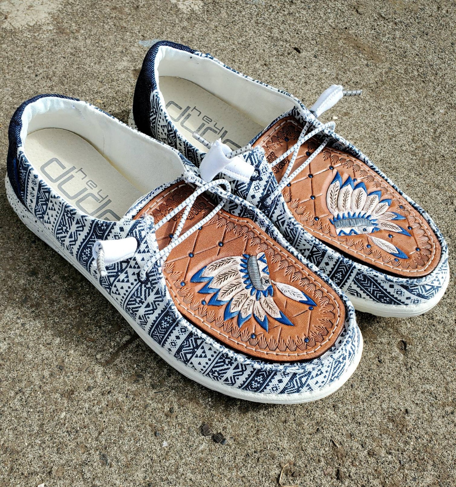 Hey Dude shoes leather patch feather custom hey dudes