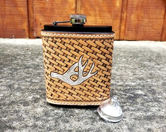 Antler flask leather flask wrap custom flasks man gift outdoorsman gifts groomsman western leather tooled leather  barware bar accessory