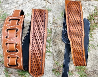 Tooled Leather guitar strap custom leather strap basketweave pattern western guitar cowboy singer music accessory banjo straps custom guitar