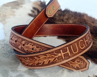 Custom Leather Belt cowboy gift oak leaf belts hand tooled leather belts man gifts western belt oak leaf acorn rodeo wear leather name belts