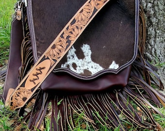 Cowhide purse concealed carry bag leather crossbody purse fringe purses western bag sunflower strap cowgirl swag western fashion womens