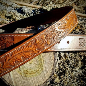Western leather belt mens custom tooled belts acorn oak leaf pattern initials monogram hand tooled cowboy belt accessory man gift strap
