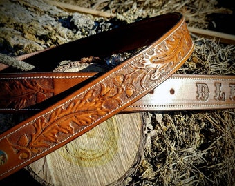Western leather belt mens custom tooled belts acorn oak leaf pattern initials monogram hand tooled cowboy belt accessory man gift strap