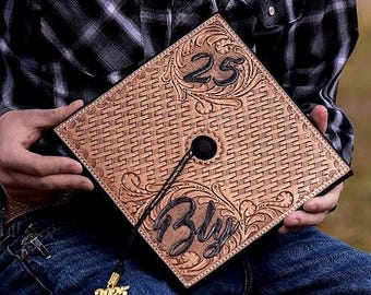 Grad cap custom graduation cap tooled leather graduation gift ceremony cap leather hat topper graduate western gift congrats graduate hat