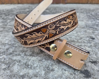 Western leather belt mens custom belt belts acorn oak leaf pattern initials monogram leaves hand tooled cowboy belt rodeo wear