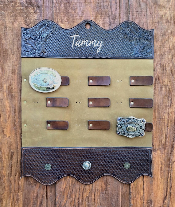 Hand Tooled‎ Leather Belt Buckle Display Holder 3 Slot Western Rustic Decor Golden Leather Cowboy Feather tool Buckle Holder – Alamo  main image 3