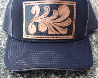 Leather patch hat trucker hat black hats tooled leather hat patch hat western hat custom leather gift mens hat country boy accessory fashion