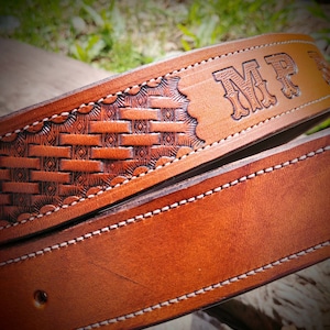 Western Leather Belt Cowboy accessory cowgirl belts rodeo mens gift childrens belts hand tooled basketweave belts leather name personalized