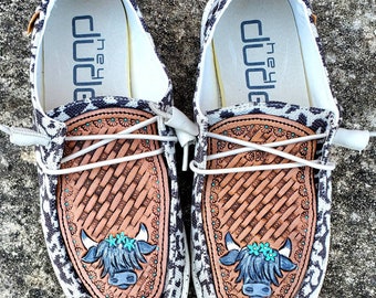 Womens shoes custom leather shoe toppers western shoe highlander cattle highlander cows cowgirl fashion cheetah print shoe leopard print
