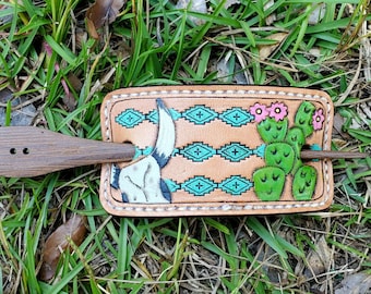 Leather hair stick custom leather barettehair holder bun holder prickly pear cactus hair clip western accessory cowgirl steer skull aztec