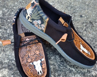 Mens leather shoe tops Custom leather shoes men's size 10 steer skull shoe western loafers country style men's fashion fathers day gift man