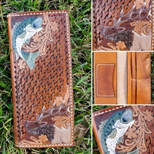 Cartera Outdoorsman carteras de cuero personalizadas carteras de cuero con herramientas alce cazador de lubinas regalo de pescador titular de la tarjeta personalizada Cartera Roper cartera larga occidental