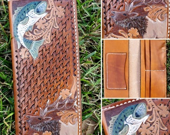Outdoorsman wallet custom leather wallets tooled leather elk bass hunter fisherman gift custom card holder Roper wallet long wallet western