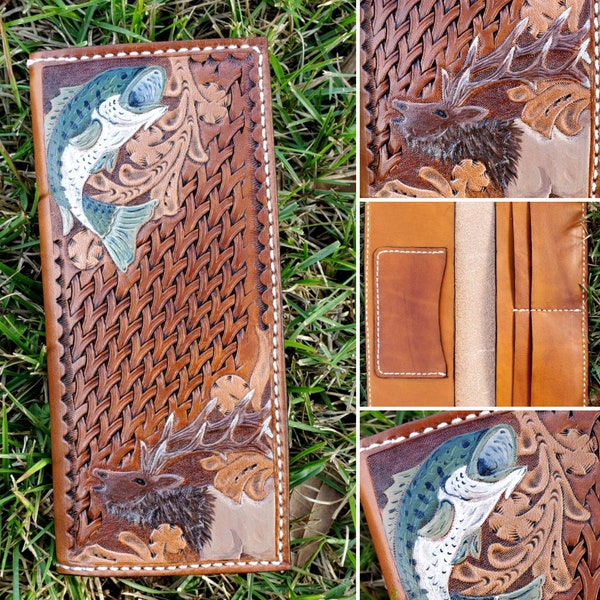 Outdoorsman wallet custom leather wallets tooled leather elk bass hunter fisherman gift custom card holder Roper wallet long wallet western