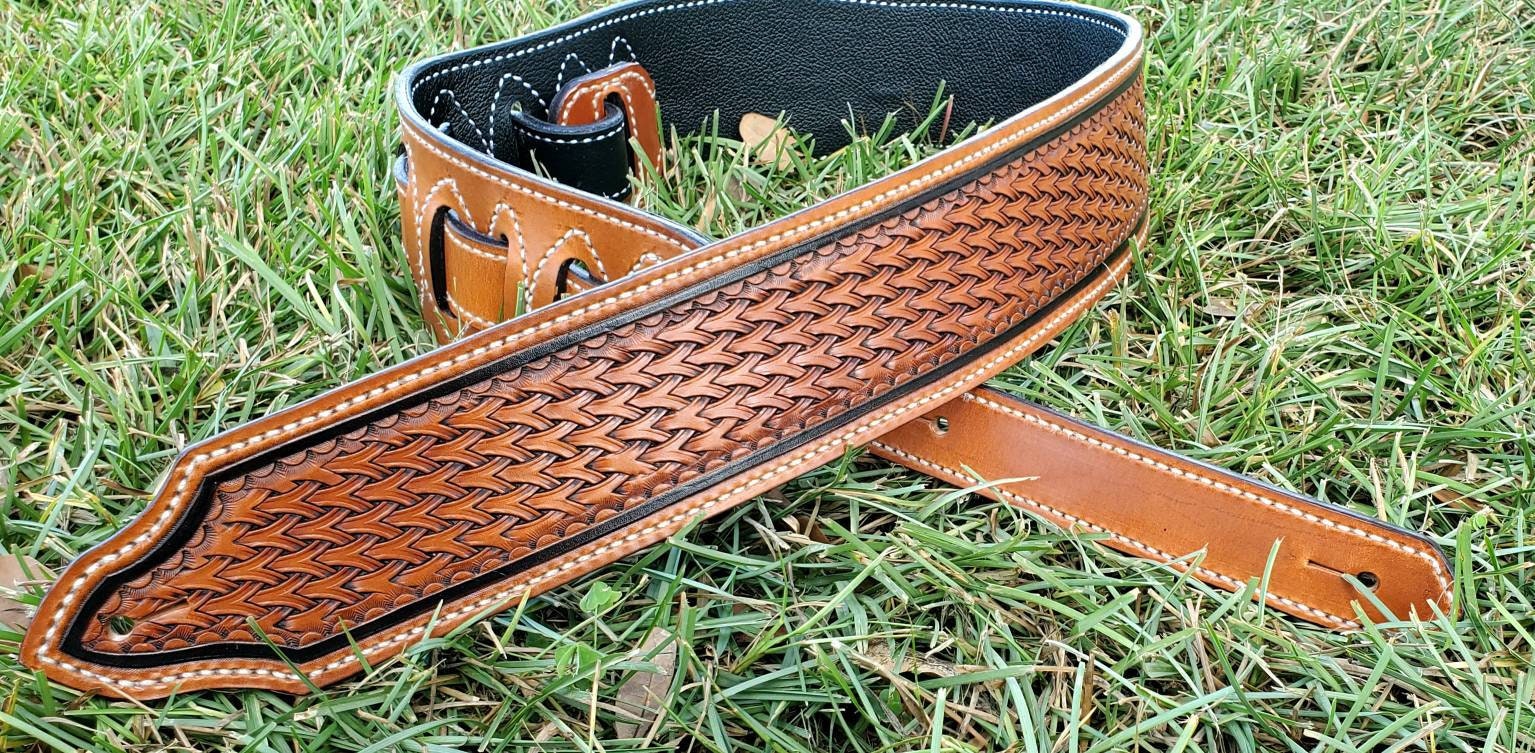 Tooled Leather Guitar Strap Custom Leather Strap Basketweave