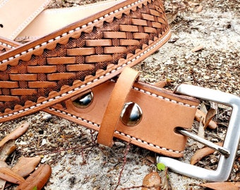 Leather belt basketweave belts western men's belt cowboy belt western man gift leather belts with buckle hand stamped tooled leather belt