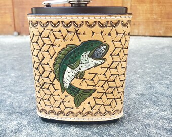 flask custom flask wrap leather flaskwrap fisherman gift fisherman's flask outdoorsman gear outdoorsman gift whiskey flask liquor groomsmen