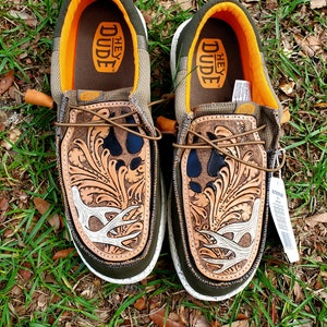 Custom shoe topper mens shoes deer shed antler shoe leather tooled leather shoes men&#39;s shoe fashion hunter gift outdoorsman leather shoe top