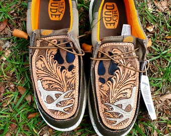 Custom shoe topper mens shoes deer shed antler shoe leather tooled leather shoes men's shoe fashion hunter gift outdoorsman leather shoe top