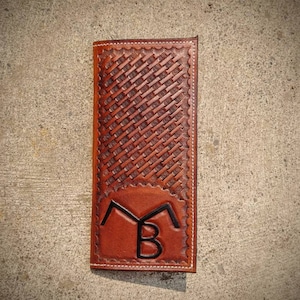 Cartera larga de cuero estilo western, regalo de vaquero, tarjetero rústico, cartera de marca personalizada, cartera de cuero repujado con tejido de cesta, personalizada.