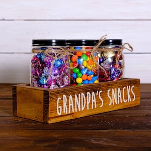 Cute "Grandpa's Snacks" Wooden Candy Bar Box w/ Mason Jars for Candy, Popcorn, Treats - Father's Day/Birthday Gift - Kitchen Storage