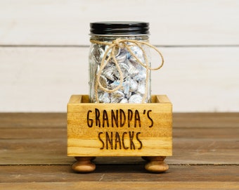 Engraved, Single Jar Size "Grandpa's Snacks" Wooden Snack Box w/ Feet & Jar for Treats - Gift for Him, Gift for Grandpa, Father's Day Gift
