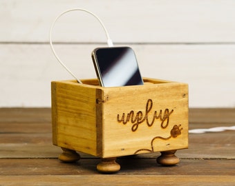 Small Engraved Unplug Wooden Phone Charging Box, Holds iPhone, Android, TV Remote Control ~ TV Room Storage, Nightstand, Desk Phone Display