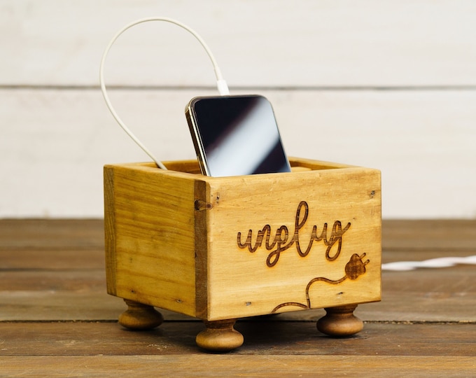 Small Engraved Unplug Wooden Phone Charging Box, Holds iPhone, Android, TV Remote Control ~ TV Room Storage, Nightstand, Desk Phone Display