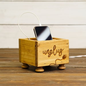 Small Engraved Unplug Wooden Phone Charging Box, Holds iPhone, Android, TV Remote Control ~ TV Room Storage, Nightstand, Desk Phone Display