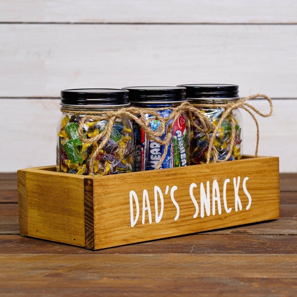 Fun "Dad's Snacks" Wooden Candy Bar Box w/ Mason Jars for Candy, Popcorn, Treats, Cocoa - Cool Gift - Farmhouse Kitchen Storage