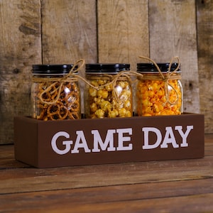 Fall Football &quot;Game Day&quot; Wood Display Box + Mason Jars for Snacks, Candy, Treats, Farmhouse Snack Storage, Sports Tailgate Party Centerpiece