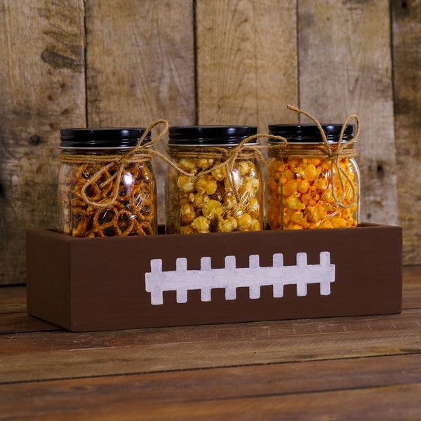 Fun Football Stitches Wood Display Box + Mason Jars for Serving Snacks, Candy, Treats, Farmhouse Game Day & Tailgating Party Decor