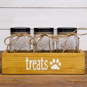 Rustic Modern Wooden &quot;Treats&quot; with Paw Print Pet / Dog / Cat Treat Box Container w/ Mason Jars - Pet Box Gift for Holding Treats & Toys