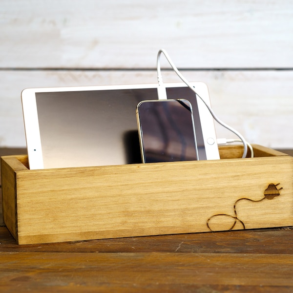 Wooden Phone Charging Unplug Box with Engraved Cord, Holds Kindle, iPhone, Android, iPad, Great Housewarming Gift, Teacher Appreciation Gift