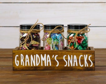 Cute "Grandma's Snacks" Wooden Candy Bar Box + Mason Jars for Candy, Cookies, Treats - Fun Gift - Farmhouse Kitchen Storage