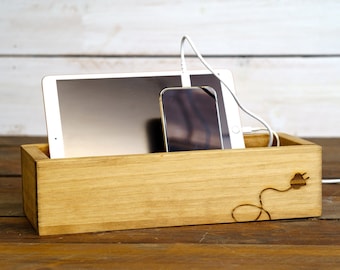 Wooden Phone Charging Unplug Box with Engraved Cord, Holds Kindle, iPhone, Android, iPad, Great Housewarming Gift, Teacher Appreciation Gift