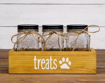 Rustic Modern Wooden "Treats" with Paw Print Pet / Dog / Cat Treat Box Container w/ Mason Jars - Pet Box Gift for Holding Treats & Toys