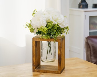 Handmade Wooden Mason Jar Holder with Jar - Centerpiece with Flowers - Perfect Housewarming Gift - Farmhouse, Contemporary Rustic Decor