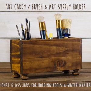 Art Caddy / Art Supply 3 Compartment Storage Box, Handmade Wooden Brush Holder, Pen, Markers, Pencils, Paint Water, Desk Storage, Art Studio