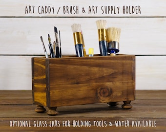 Art Caddy / Art Supply 3 Compartment Storage Box, Handmade Wooden Brush Holder, Gift for Artists, Housewarming Gift, Gift for Makeup Artists