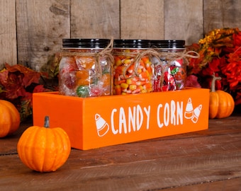 Cute Halloween "Candy Corn" Wood Display Box + Mason Jars for Candy, Sweets, Snacks, Farmhouse Kitchen Storage, Halloween Party Centerpiece