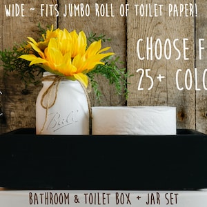 Wide Farmhouse Bathroom Box + Mason Jar & Flowers, Rustic Contemporary Jumbo Toilet Paper Box, Cute Bathroom Storage, Toilet Paper Holder