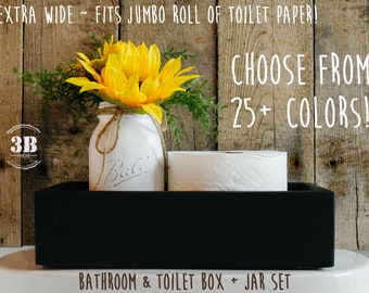 Wide Farmhouse Bathroom Box + Mason Jar & Flowers, Rustic Contemporary Jumbo Toilet Paper Box, Cute Bathroom Storage, Toilet Paper Holder