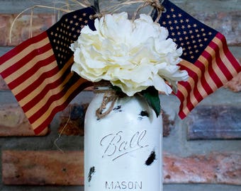 Rustic, Patriotic Painted Quart-sized Mason Jar with American, U.S. Flags and Flowers - Jar Available in Red, Blue, Navy, White & many more