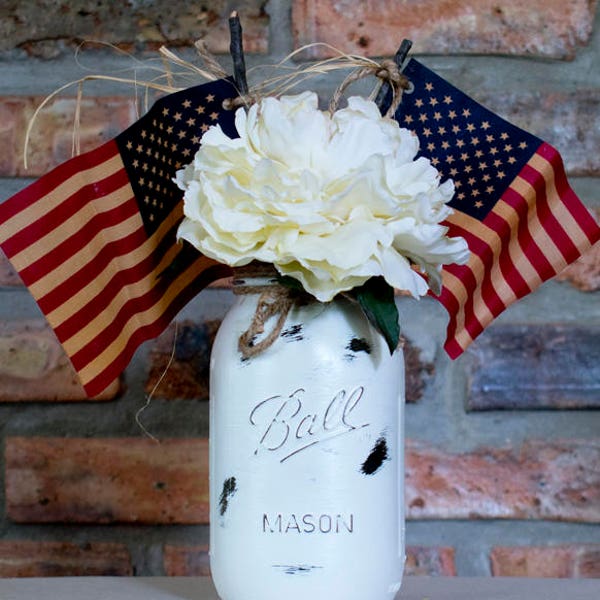 Rustic, Patriotic Painted Quart-sized Mason Jar with American, U.S. Flags and Flowers - Jar Available in Red, Blue, Navy, White & many more