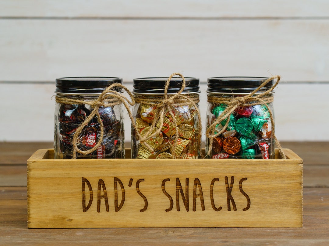 Engraved Fun dad's Snacks Wooden Candy Bar Box W/ Mason Jars for Candy